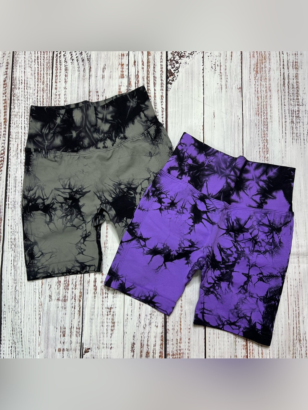 Two Set NWOT Tie-Dye High-Waist Biker Shorts Butt Lifting - Purple & Gray Duo